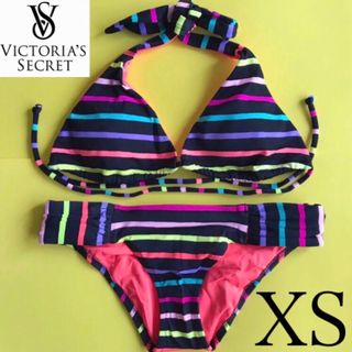 ヴィクトリアズシークレット(Victoria's Secret)のレア 新品 ヴィクトリアシークレット水着 黒 マルチ ボーダー XS(水着)