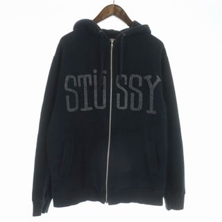 ステューシー(STUSSY)のSTUSSY パーカー 長袖 ジップアップ 裏起毛 ロゴ M 黒 ブラック(パーカー)