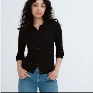 ユニクロ(UNIQLO)のユニクロ UNIQLO エクストラファインメリノリブポロカーディガン ブラック(カーディガン)