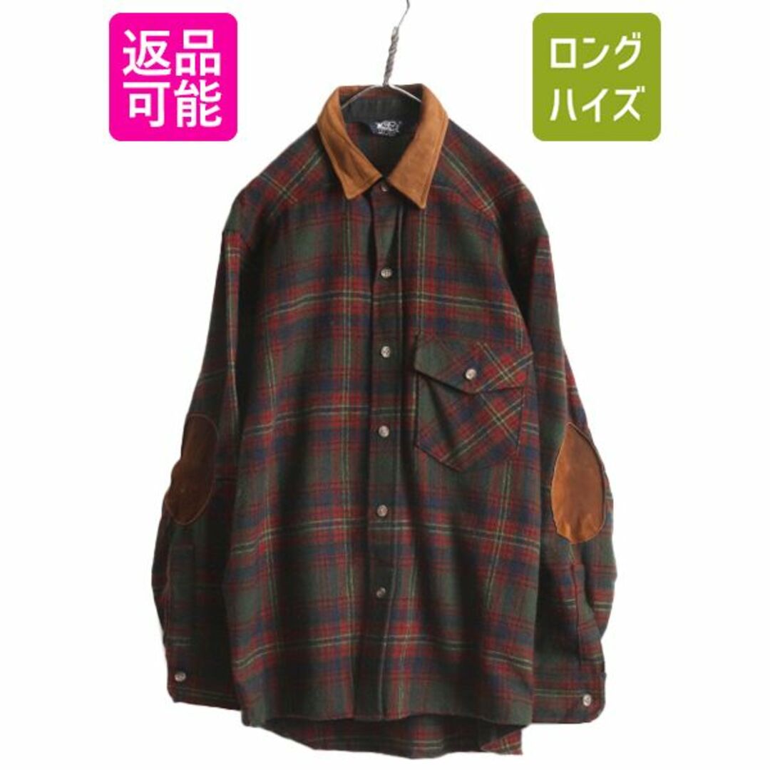 WOOLRICH(ウールリッチ)の80s USA製 ウールリッチ チェック ウール 長袖 シャツ メンズ L 程 古着 80年代 ヴィンテージ Woolrich 紺タグ 本革 レザー エルボーパッチ メンズのトップス(シャツ)の商品写真