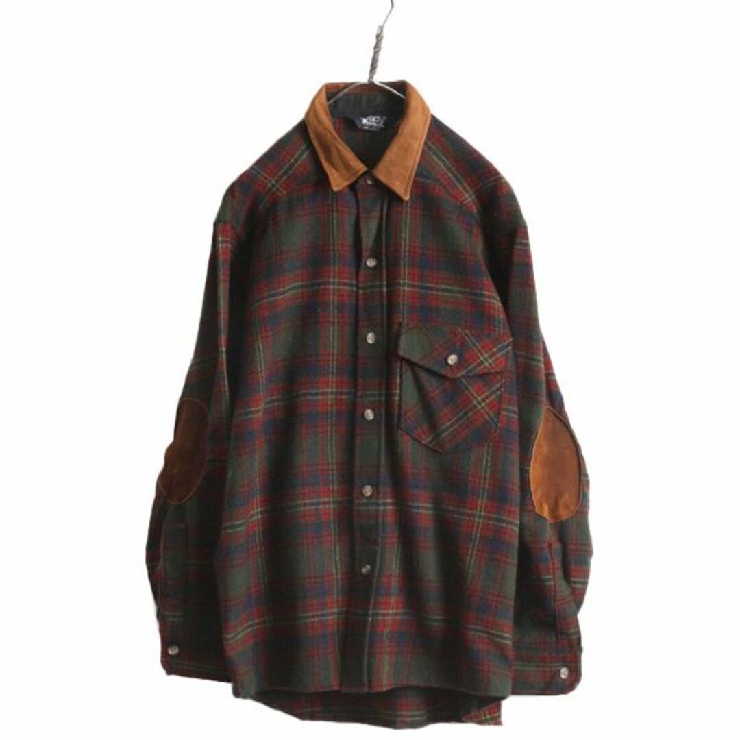 WOOLRICH(ウールリッチ)の80s USA製 ウールリッチ チェック ウール 長袖 シャツ メンズ L 程 古着 80年代 ヴィンテージ Woolrich 紺タグ 本革 レザー エルボーパッチ メンズのトップス(シャツ)の商品写真