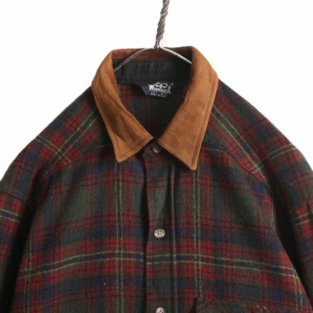 WOOLRICH(ウールリッチ)の80s USA製 ウールリッチ チェック ウール 長袖 シャツ メンズ L 程 古着 80年代 ヴィンテージ Woolrich 紺タグ 本革 レザー エルボーパッチ メンズのトップス(シャツ)の商品写真