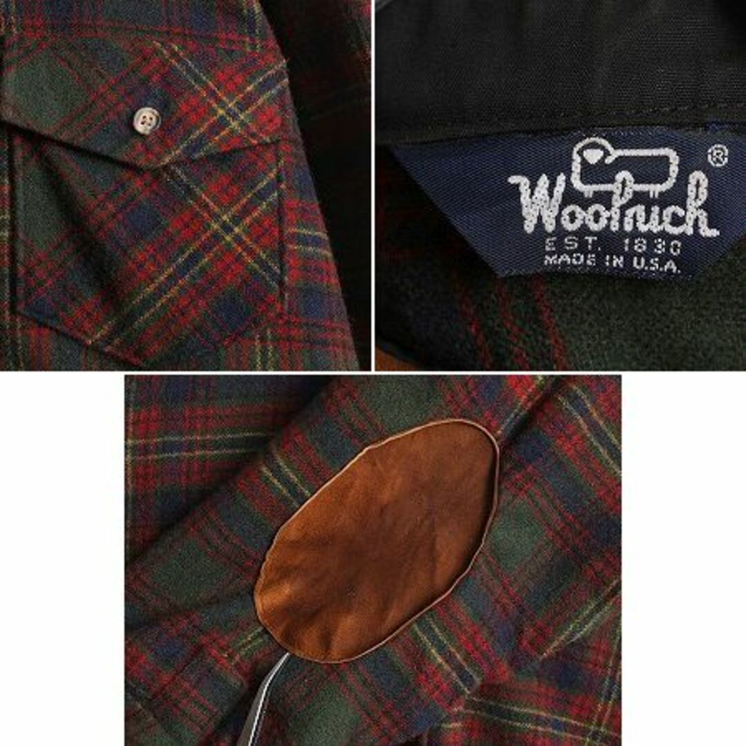 WOOLRICH(ウールリッチ)の80s USA製 ウールリッチ チェック ウール 長袖 シャツ メンズ L 程 古着 80年代 ヴィンテージ Woolrich 紺タグ 本革 レザー エルボーパッチ メンズのトップス(シャツ)の商品写真