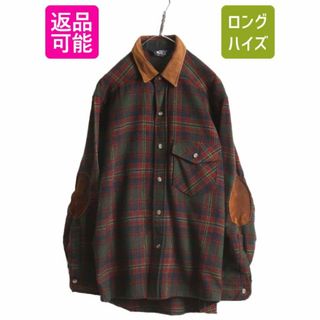 ウールリッチ(WOOLRICH)の80s USA製 ウールリッチ チェック ウール 長袖 シャツ メンズ L 程 古着 80年代 ヴィンテージ Woolrich 紺タグ 本革 レザー エルボーパッチ(シャツ)