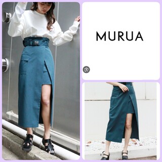 ムルーア(MURUA)の♡MURUA アシメラップロングスカート1Sブルー青緑カッコイイ肌見せモード系(ロングスカート)