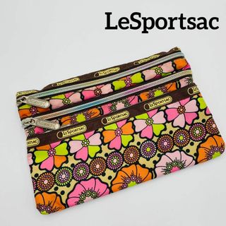 レスポートサック(LeSportsac)の★LeSportsac★ ポーチ 花柄 ポケット３個 オレンジ ピンク ブラウン(ポーチ)