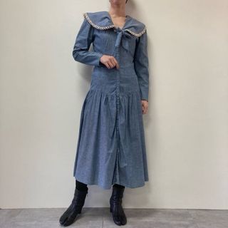 ガニーサックス(GUNNE SAX)の古着 80年代 ガンネサックス GUNNE SAX ビッグカラー シャンブレー 長袖 フレア ワンピース USA製 レディースM ヴィンテージ /eva000822(その他)