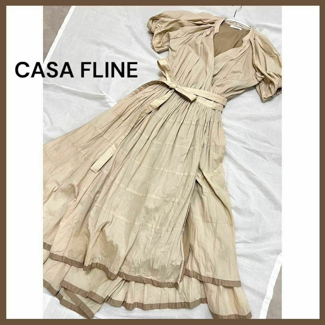 裏地あり【 美品 】 CASA FLINE リネン イレヘム 半袖 ワンピース ベージュ