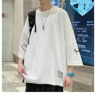 韓国 メンズ 七分袖 Tシャツ 白 ホワイト②(Tシャツ/カットソー(七分/長袖))