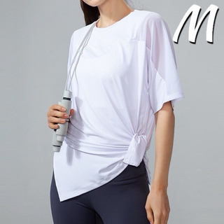 ホワイトMサイズ 体型カバースポーツ半袖Tシャツ ヨガウェア ピラティストップス(Tシャツ(半袖/袖なし))