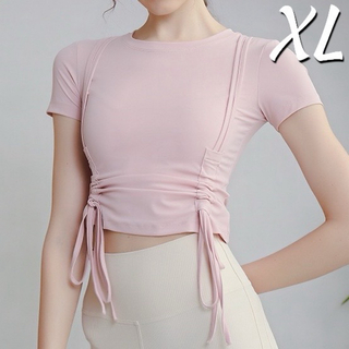 ピンクXLサイズ サイドギャザー半袖トップス スポーツTシャツ ヨガウェア(Tシャツ(半袖/袖なし))