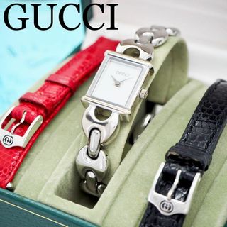 グッチ(Gucci)の348【完備品】グッチ時計　シルバー　レディース腕時計　チェンジバンド　赤　黒(腕時計)