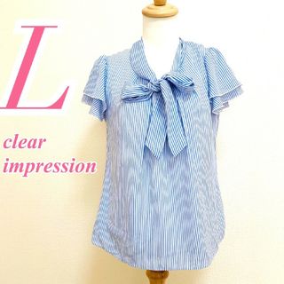 クリアインプレッション(CLEAR IMPRESSION)のクリアインプレッション L ブラウス リボン ストライプ柄 ブルー ホワイト(シャツ/ブラウス(半袖/袖なし))