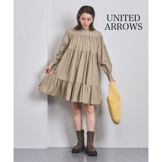 ユナイテッドアローズ(UNITED ARROWS)のユナイテッドアローズ ギャザー ティアード ミニ ワンピース 38 ベージュ(ミニワンピース)