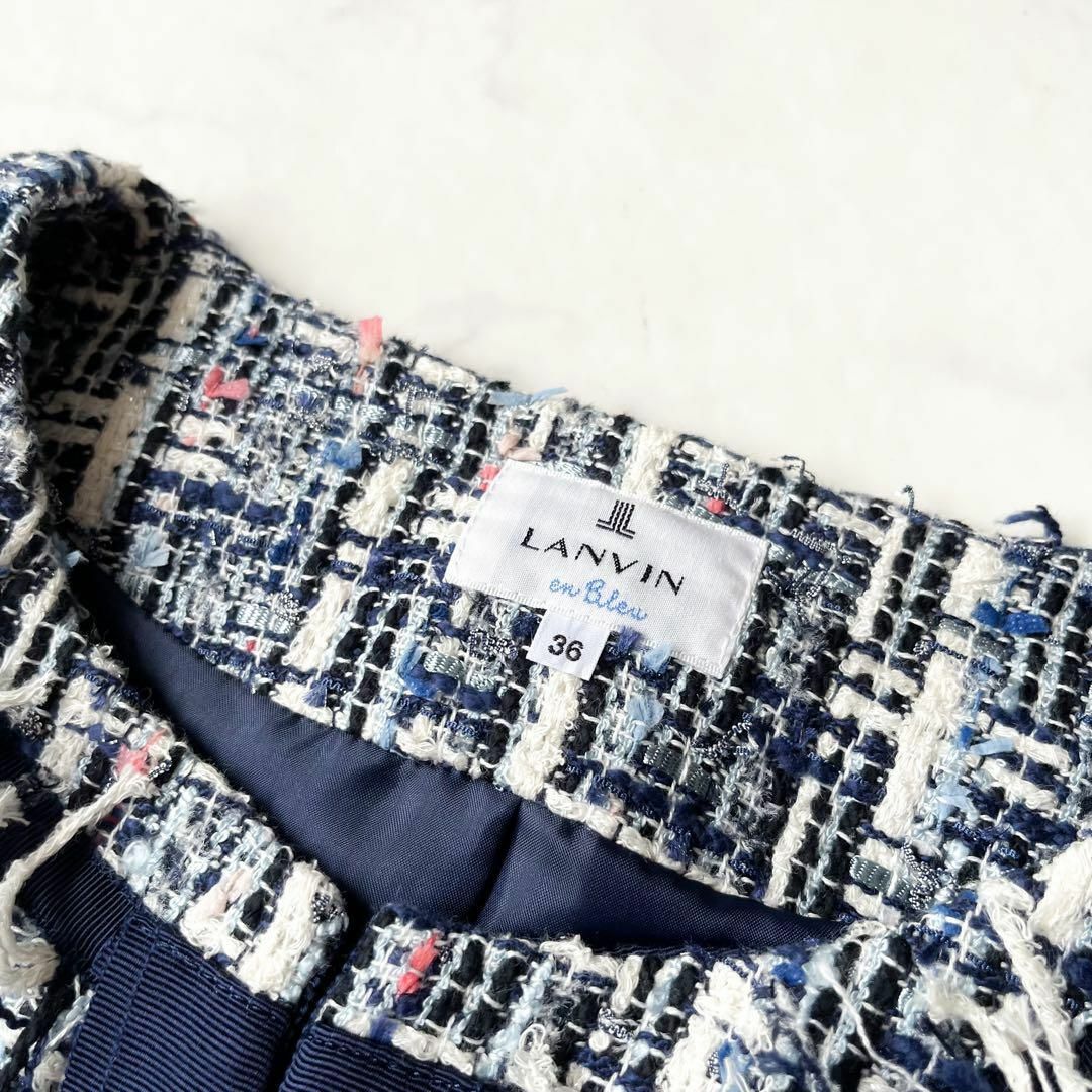 LANVIN en Bleu(ランバンオンブルー)の極美品✨ ランバンオンブルー ファンシーツイードジャケット ノーカラー フリンジ レディースのジャケット/アウター(ノーカラージャケット)の商品写真