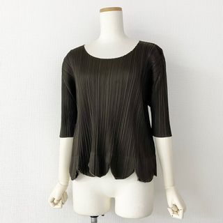 プリーツプリーズイッセイミヤケ(PLEATS PLEASE ISSEY MIYAKE)の27a18 日本製 PLEATS PLEASE プリーツプリーズ イッセイミヤケ プリーツカットソー 五分袖カットソー 3 ブラウン シースルー 裾スカラップ(Tシャツ(半袖/袖なし))