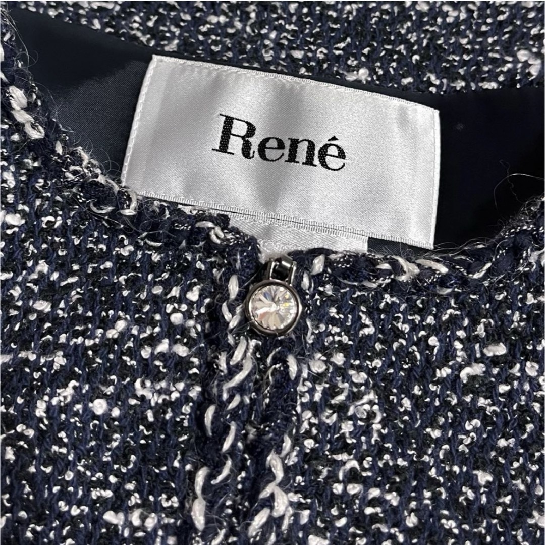 Rene ルネ ツイード ジャケット ノーカラー tissue社 ネイビー 34 Rene ルネ ツイード ジャケット ノーカラー tissue社 ネイビー 34