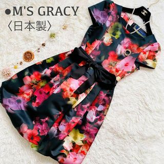 エムズグレイシー(M'S GRACY)の極美品 エムズグレイシー 水彩画 フラワー リボン フレア お嬢様ワンピース(ひざ丈ワンピース)