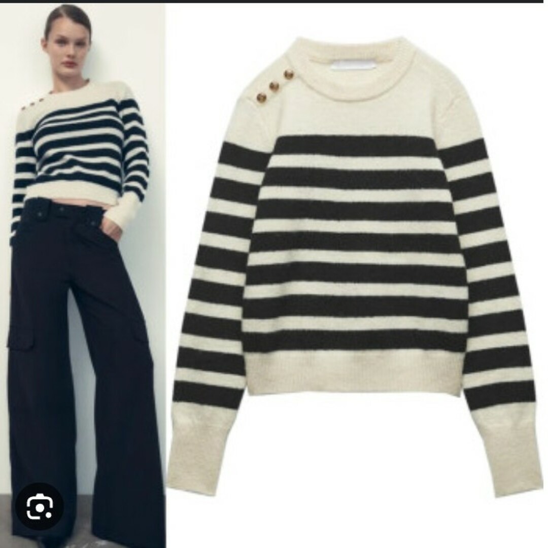 ZARA(ザラ)のZARA　ゴールドボタン　ボーダー　ストライプ　ニット レディースのトップス(ニット/セーター)の商品写真