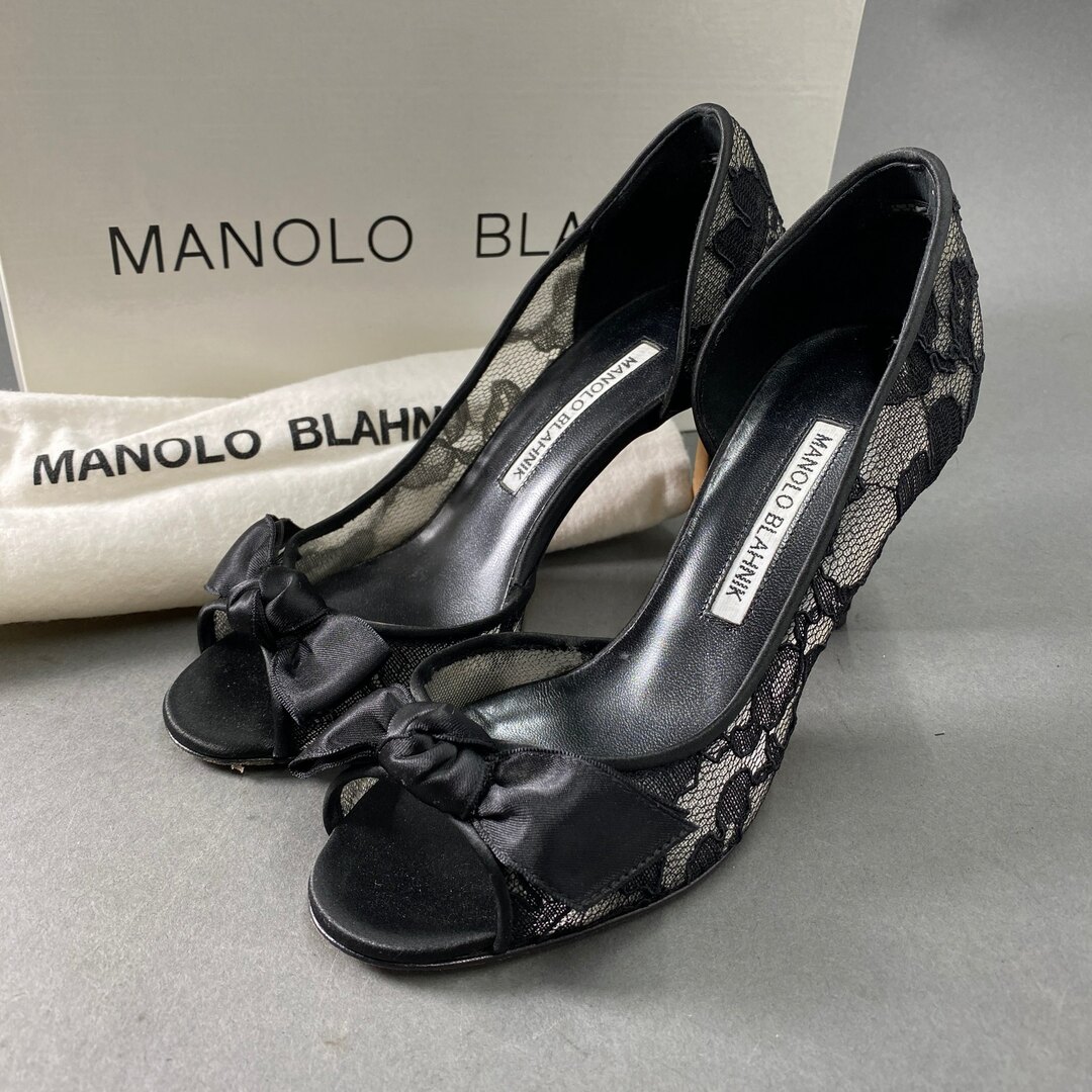 6a18 イタリア製 MANOLO BLAHNIK マノロブラニク ハイヒール ピンヒール キャロリン 34.5 ブラック リボン レース75ヒール高さ