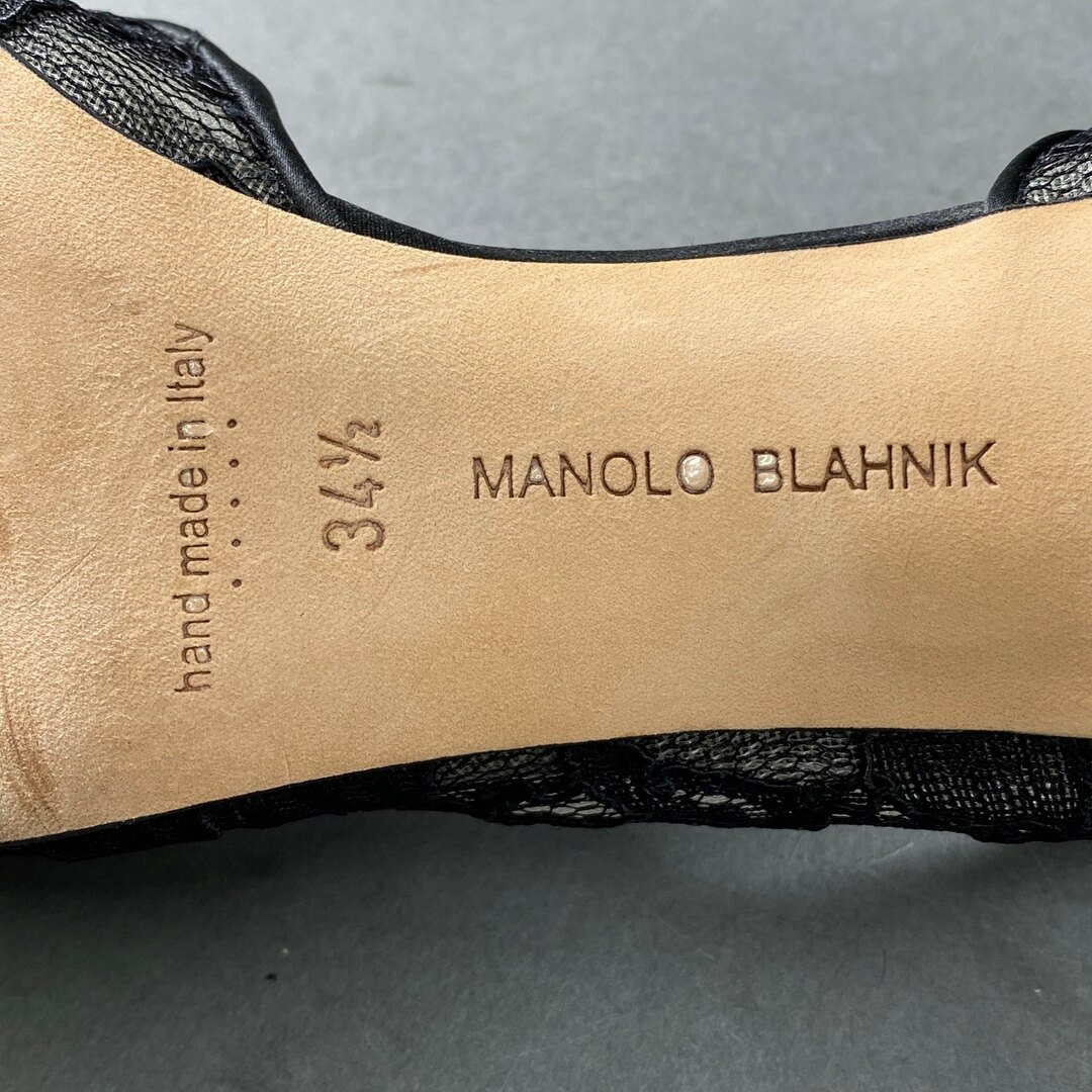 MANOLO BLAHNIK(マノロブラニク)の6a18 イタリア製 MANOLO BLAHNIK マノロブラニク ハイヒール ピンヒール キャロリン 34.5 ブラック リボン レース レディースの靴/シューズ(ハイヒール/パンプス)の商品写真