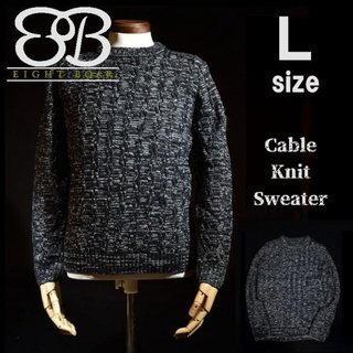 ◆在庫処分 クルーネック ケーブル編みニットセーター Ｍ相当◆黒L h01(ニット/セーター)