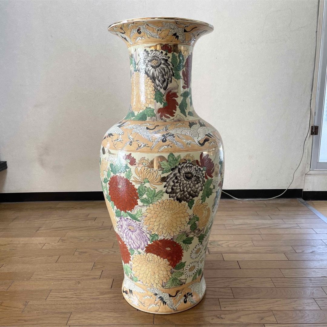 中国美術 中国骨董 骨董品 大型飾壺 壺 鶴 花柄 花瓶 置物 花器