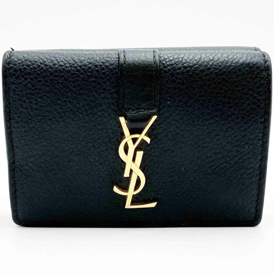 Yves Saint Laurent(イヴサンローラン)のYVES SAINT LAURENT イヴ・サンローラン 三つ折り財布 財布 ミニウォレット ロゴ ブラック ゴールド レザー レディース メンズ 小物 USED 【中古】 レディースのファッション小物(財布)の商品写真