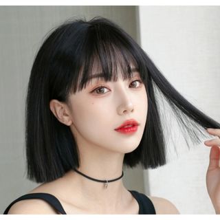 ボブ　ストレート　ウィッグ　ブラック　黒髪　自然　韓国風　ぱっつん　耐熱　自然(ショートストレート)