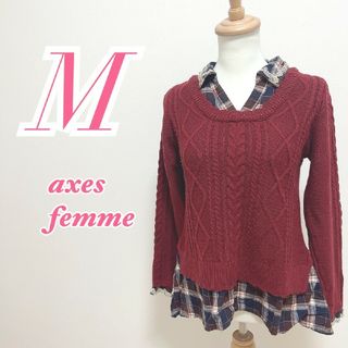 アクシーズファム(axes femme)のアクシーズファム　長袖トップス　M　ボルドー　ネイビー　チェック　アクリル100(ニット/セーター)