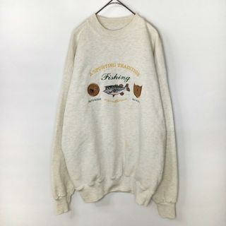 90s　クルーネック　スウェット　トレーナー　アニマル　刺繍　ホワイト　L(スウェット)