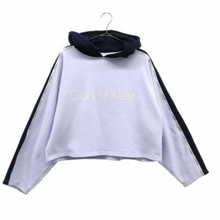 カルバンクライン(Calvin Klein)のカルバンクライン ロゴプリント 長袖 トレーナー M ブルー×ネイビー Calvin Klein スウェット フード付き ロゴテープ レディース 古着 【240118】(トレーナー/スウェット)