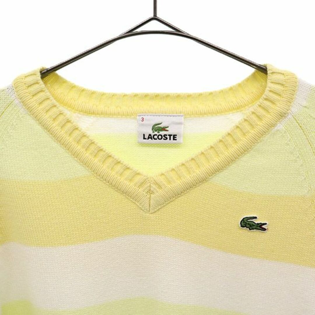 LACOSTE(ラコステ)のラコステ ボーダー 長袖 Vネック セーター 3 イエロー×ホワイト LACOSTE ニット ロゴワッペン メンズ 古着 【240118】 メンズのトップス(ニット/セーター)の商品写真