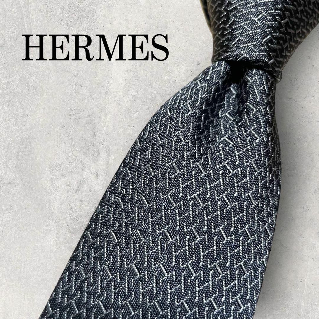 美品 HERMES エルメス ジャガード H柄 ナロータイ ネクタイ グレー古着屋レミー