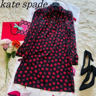 ケイトスペードニューヨーク(kate spade new york)の【良品】kate spade 総柄シャツワンピース ブラック レッド 花柄  S(ひざ丈ワンピース)