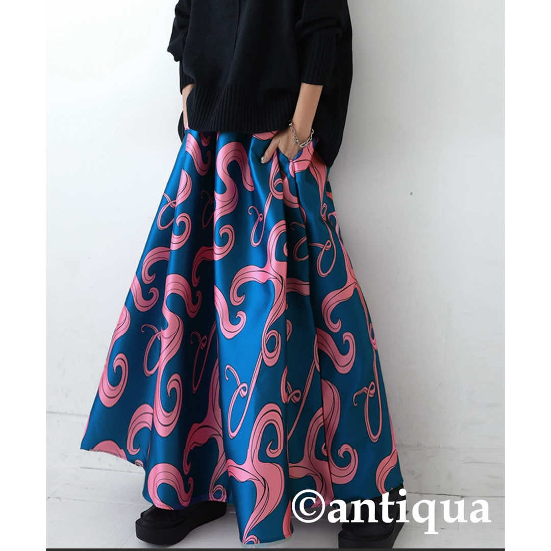 antiqua(アンティカ)のアンティカ antiqua フレア スカート　柄　ピンク　青 レディースのスカート(ロングスカート)の商品写真