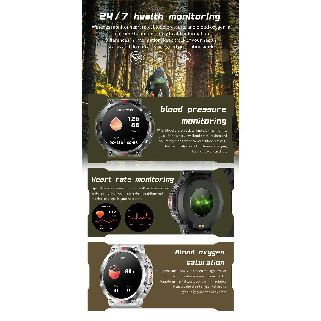 スマートウォッチ 新品未使用 軍用規格 日本語対応 通話機能 歩数/心拍/血圧計 メンズの時計(腕時計(デジタル))の商品写真