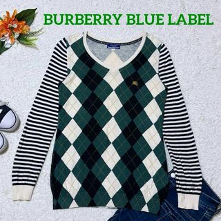 バーバリーブルーレーベル(BURBERRY BLUE LABEL)の美品✨バーバリーブルーレーベル アーガイルニット　ホースロゴ　切替　Vニック(ニット/セーター)