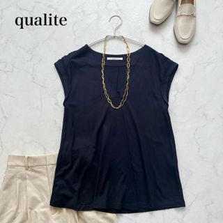 qualite - qualite カリテ　フレンチスリーブトップス　カットソー　Vネック　ネイビー