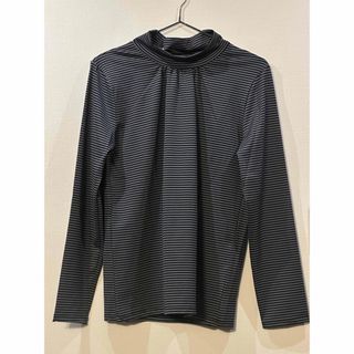 新品◆ボーダー ハイネックTシャツ カットソー　黒×グレー ストレッチ素材(カットソー(長袖/七分))