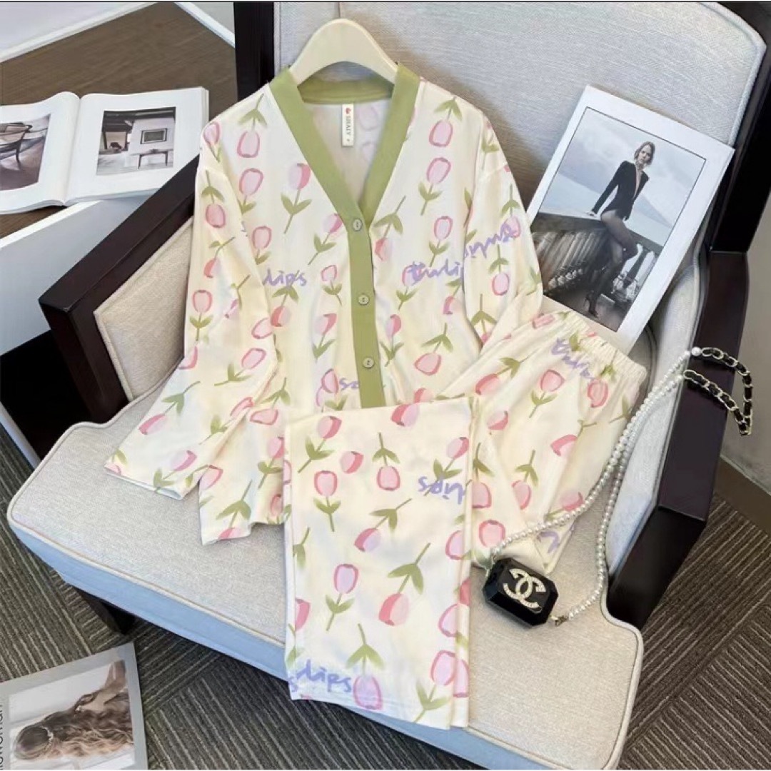 レディース、韓国風、ファッション、グリーン色、おしゃれ春夏パジャマセットアップ レディースのルームウェア/パジャマ(ルームウェア)の商品写真