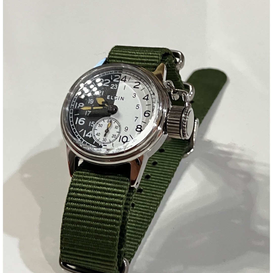 腕時計(アナログ)エルジン ELGIN 白黒24時間 リューズガード付き ミリタリー手巻き軍用