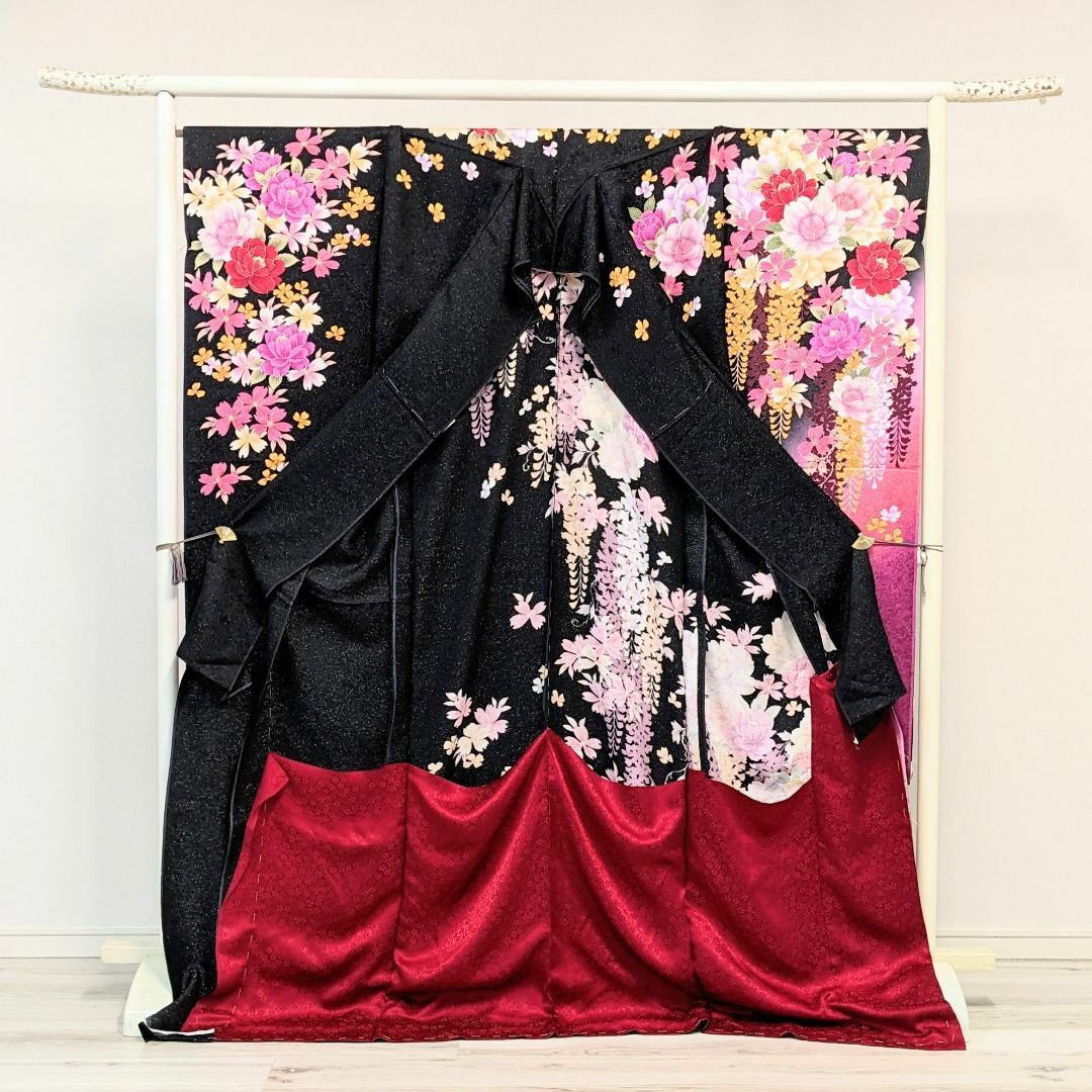 正絹・新品・未仕立て】 振袖 黒 ブラック 藤 花柄 成人式 F42- 正絹・新品・未仕立て】 振袖 黒 ブラック 藤 花柄 成人式 F42-