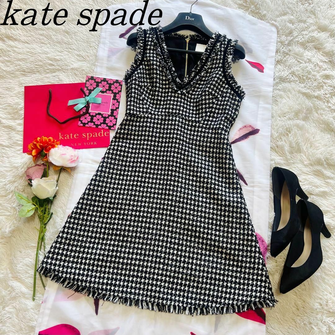 kate spade new york(ケイトスペードニューヨーク)の【美品】kate spade ツイードワンピース ノースリーブ 0 グレー レディースのワンピース(ひざ丈ワンピース)の商品写真