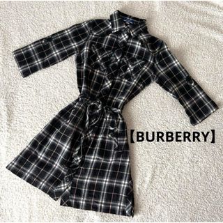 バーバリーブルーレーベル(BURBERRY BLUE LABEL)の【BURBERRY】チェックシャツ　M 38号　七分袖　毛100% ブラック(ひざ丈ワンピース)