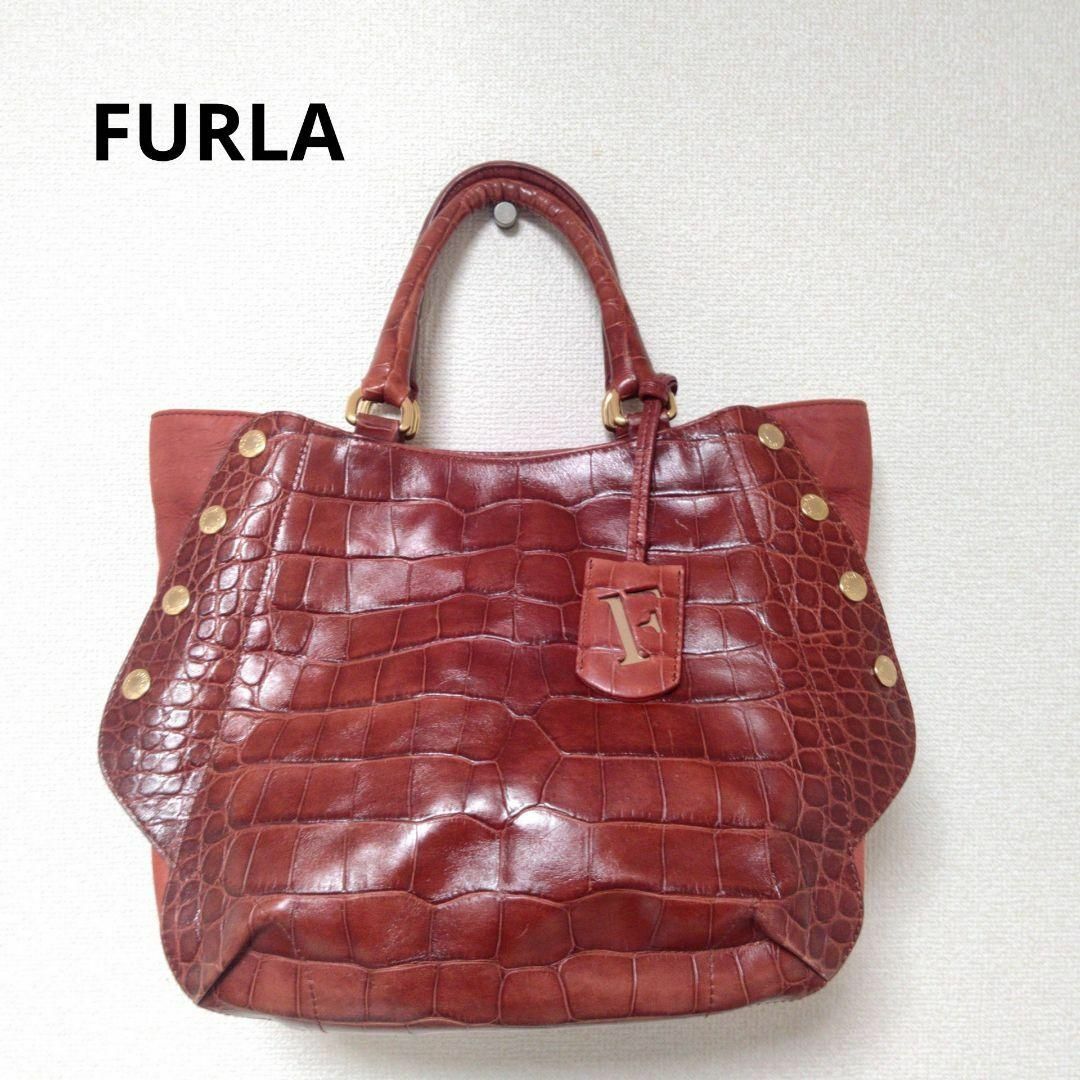 Furla(フルラ)の高級感　FURLA　ハンドバッグ　クロコ型押し　レザー　赤茶色　ブラウン レディースのバッグ(ハンドバッグ)の商品写真