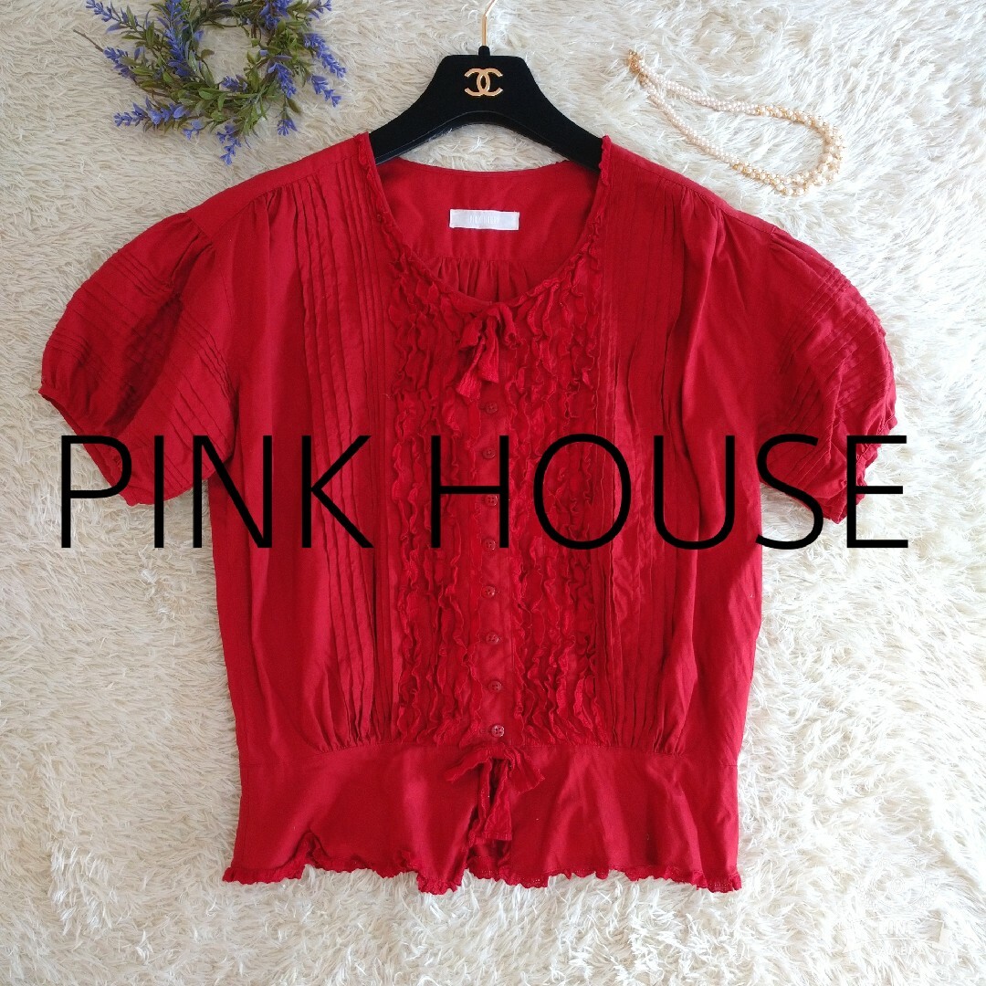 PINK HOUSE(ピンクハウス)のPINK HOUSE　ブラウス　ピンタック　半袖　フリル　リボン　コットン レディースのトップス(シャツ/ブラウス(半袖/袖なし))の商品写真