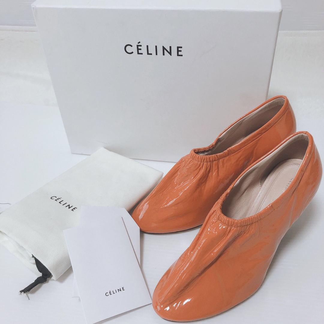 美品！セリーヌ CELINE オレンジ エナメル 太ヒール パンプス