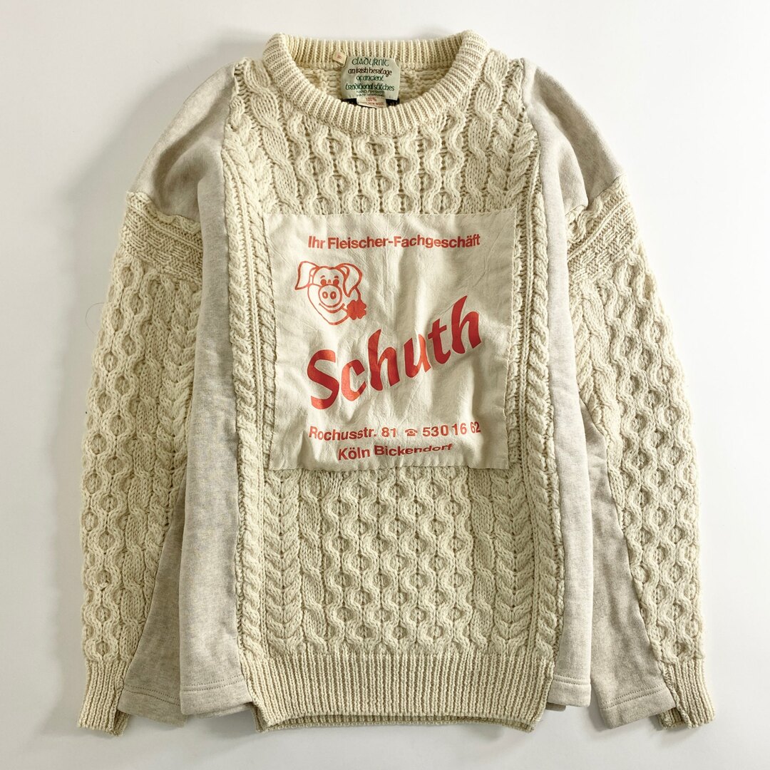 22a19 HURRAY HURRAY フレイフレイ アイルランド製 C6010L COMPOSITION SWITCH KNIT 再構築 リメイク ケーブル ニット セーター スウェット 切替 トップス クルーネック Mサイズ クリーム ベージュ系 MADE IN IRELAND メンズのトップス(ニット/セーター)の商品写真