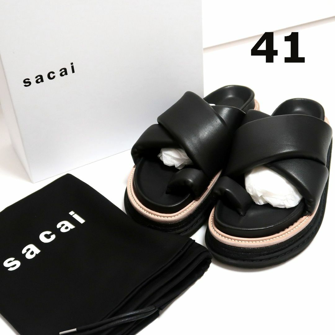 69300円SacaiのMen41 新品 Sacai レザー プラットフォーム サンダル ブラック スライド